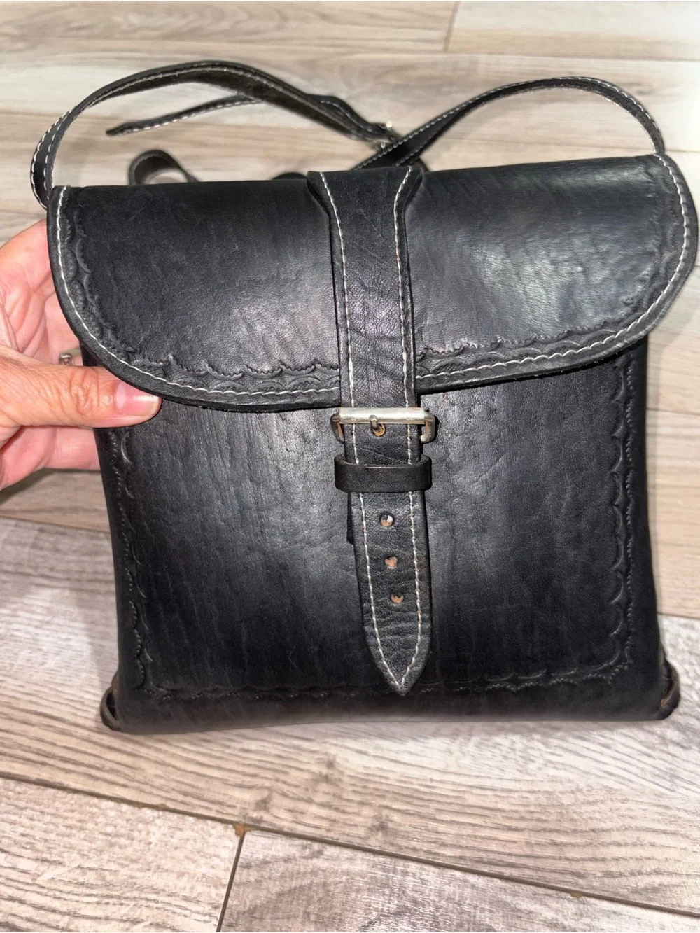Classic Black Leather Buckle Crossbody - Picture 3 of 11